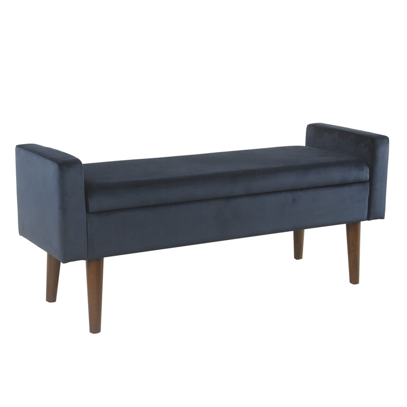 Benches Velvet Upholstered Wooden Bench with Lift Top Storage and Tapered Feet, Navy Blue Benzara