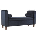 Benches Velvet Upholstered Wooden Bench with Lift Top Storage and Two Bolster Pillows, Blue Benzara