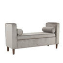 Benches Velvet Upholstered Wooden Bench with Lift Top Storage and Two Bolster Pillows, Gray Benzara