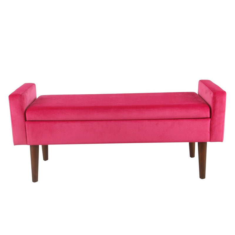 Benches Velvet Upholstered Wooden Bench with Tapered Legs and Track Armrest, Pink and Brown Benzara