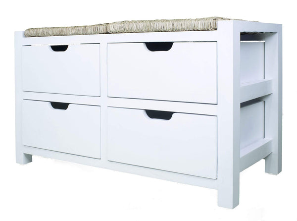 Benches Wooden Bench - 32" X 15" X 21" White W/ Natural Sea Grass Wood, MDF, Seagrass Bench with Drawers and a Seagrass Top HomeRoots