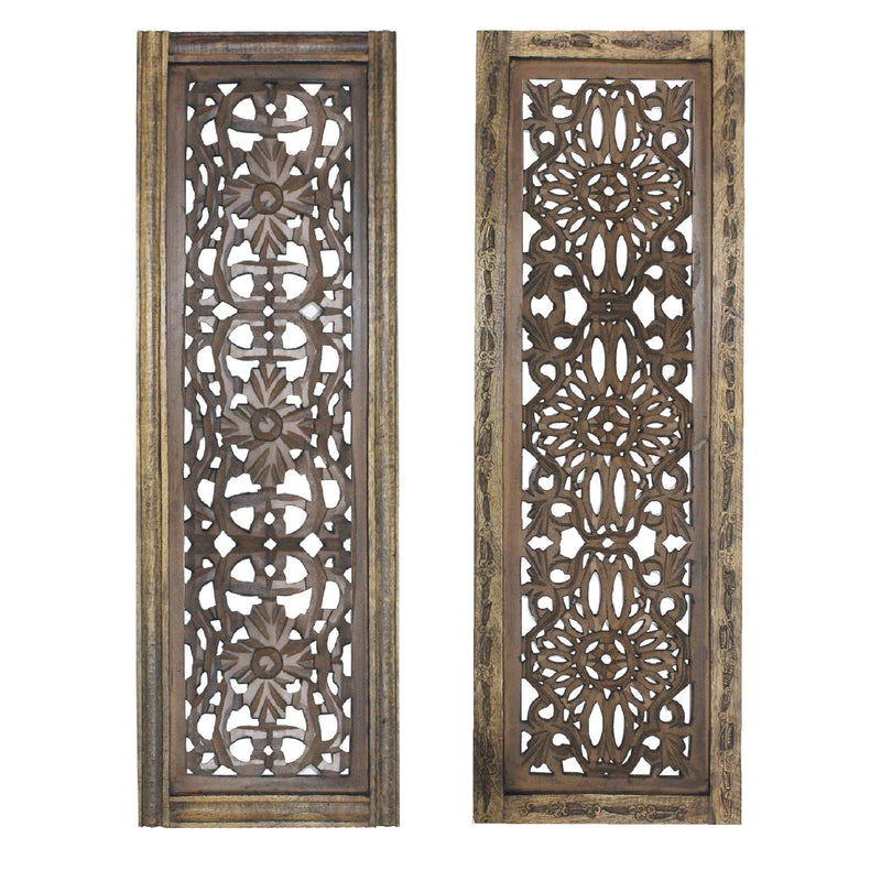 Benzara Floral Hand Carved Wooden Wall Panels, Assortment of Two, Brown-Wall Panels-Brown-Wood-JadeMoghul Inc.
