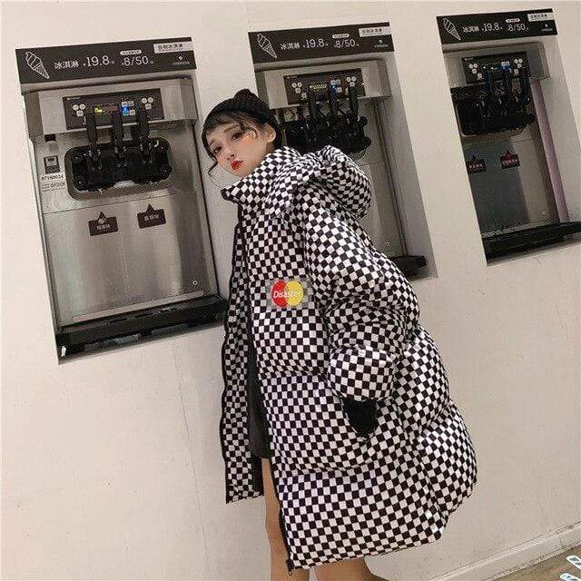 BF Style Women Winter Cotton Harajuku Plaid Parka Detachable Hooded Padded Long Loose Woman Streetwear Winter Coat Winter Jacket AExp