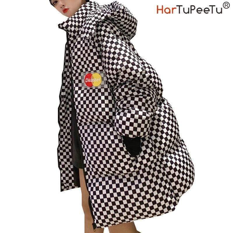 BF Style Women Winter Cotton Harajuku Plaid Parka Detachable Hooded Padded Long Loose Woman Streetwear Winter Coat Winter Jacket AExp