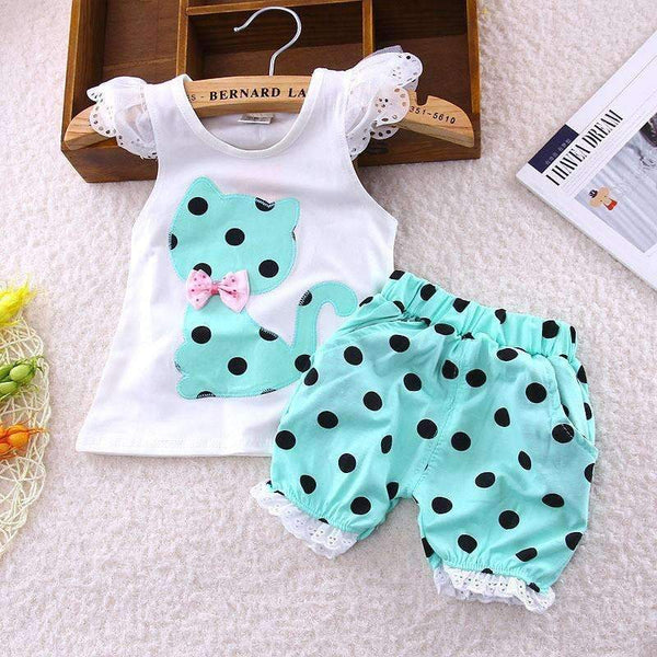 BibiCola Baby Summer Casual Clothes Set Children Short Sleeve Cartoon cat dot T-shirt + Shorts Sport Suit Clothing Sets for Girl-blue-9M-JadeMoghul Inc.