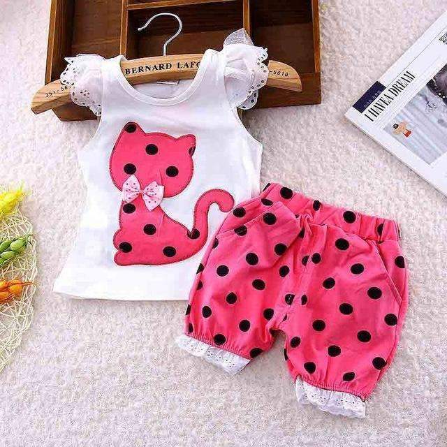 BibiCola Baby Summer Casual Clothes Set Children Short Sleeve Cartoon cat dot T-shirt + Shorts Sport Suit Clothing Sets for Girl-red-9M-JadeMoghul Inc.