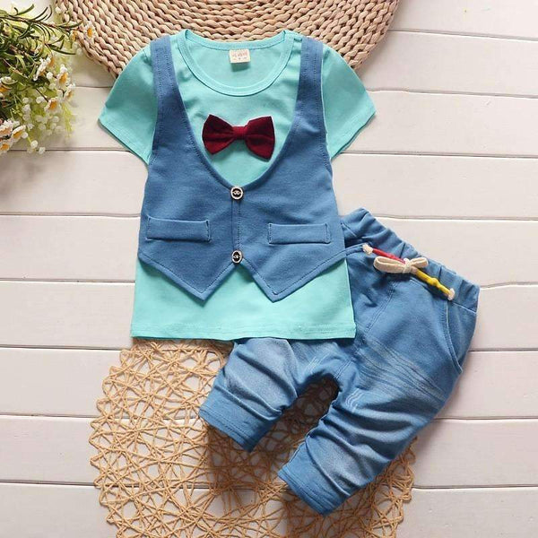 BibiCola toddler baby boys summer gentleman clothing sets bow 2pcs child clothes kids sport suit tracksuit short sleeve uniform-blue-9M-JadeMoghul Inc.