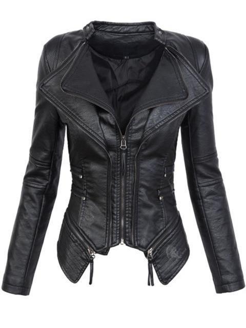 Biker PU Leather Jacket For Women-black-M-JadeMoghul Inc.