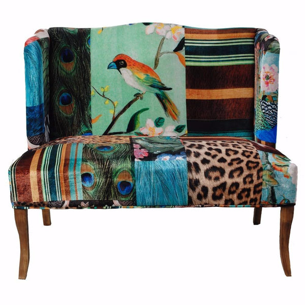 Bird Collage Print Settee, Multicolor-Accent and Storage Benches-Multicolor-wood polyurethane foam fabric-JadeMoghul Inc.