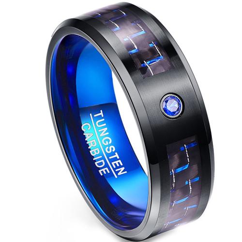 Black Wedding Rings For Her Black Blue Tungsten Carbide Carbon Fiber Ring With Blue Sapphire