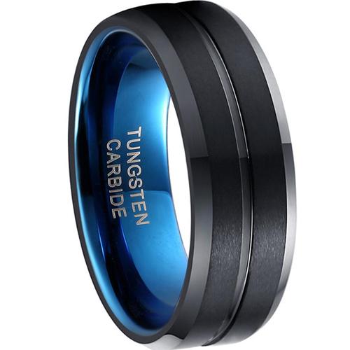 Black Engagement Rings Black Blue Tungsten Carbide Center  Groove Ring