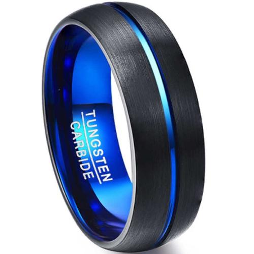 Black Wedding Rings For Her Black Blue Tungsten Carbide Dome Court Center Groove Ring