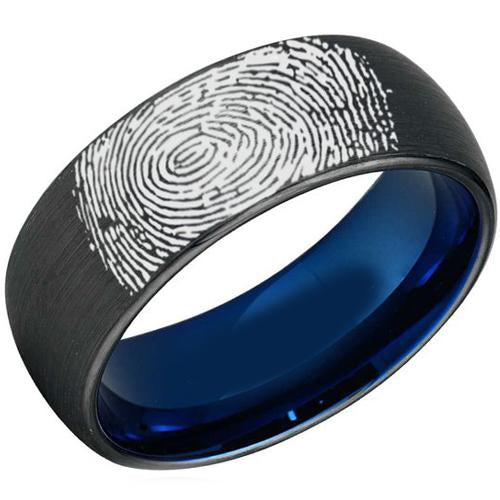 Black Ring Black Blue Tungsten Carbide Dome Ring With Custom Fingerprint