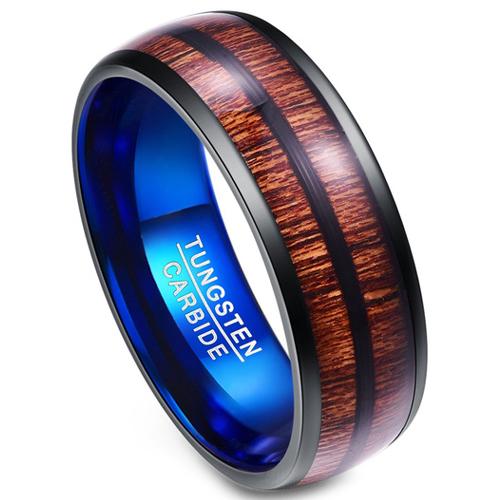 Wooden Rings Black Blue Tungsten Carbide Dome Court Wood Ring