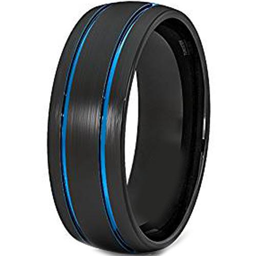 Black Wedding Rings Black Blue Tungsten Carbide Double Grooves Dome Ring