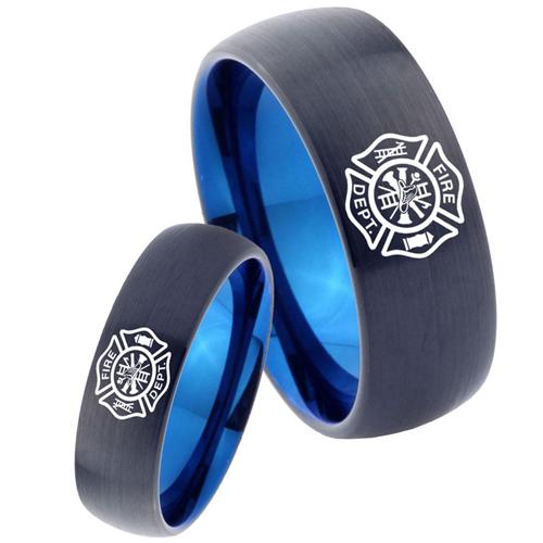 Black Promise Rings Black Blue Tungsten Carbide Firefighter Dome Ring