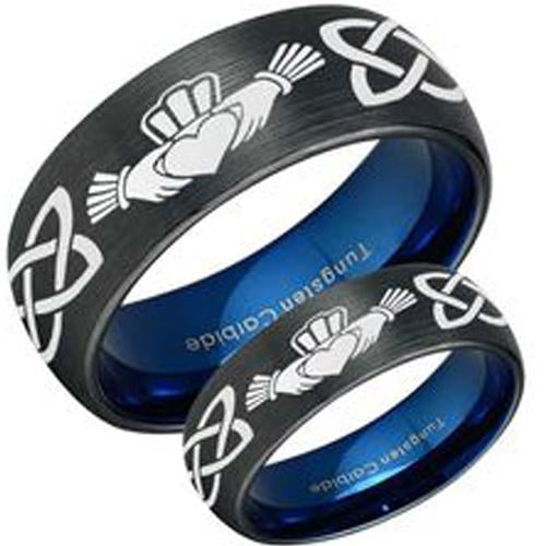 Black Band Ring Blue Tungsten Carbide Mo Anam Cara Irish Celtic Dome Ring