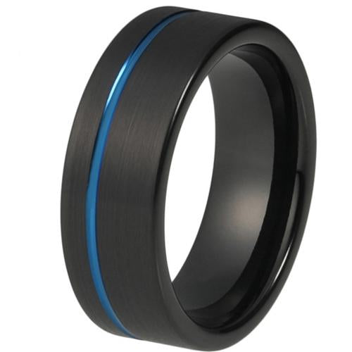 Black Ring Black Blue Tungsten Carbide Offset Groove Flat Ring