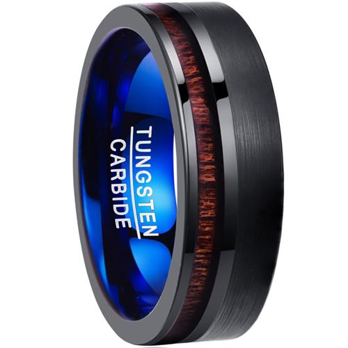 Wooden Rings Black Blue Tungsten Carbide Offset Wood Flat Ring