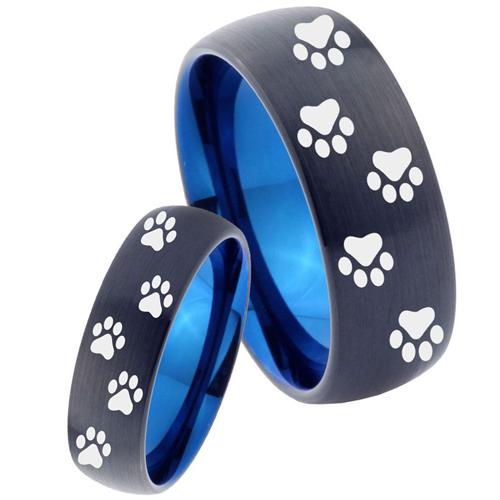 Black Tungsten Rings Black Blue Tungsten Carbide Paws Track Print Dome Ring