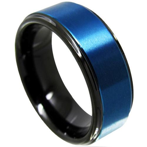 Black Ring Black Blue Tungsten Carbide Pipe Cut Flat Step Edges Ring