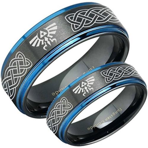 Men's Tungsten Rings Black Blue Tungsten Carbide Triforce Legend of Zelda Irish Celtic Step 