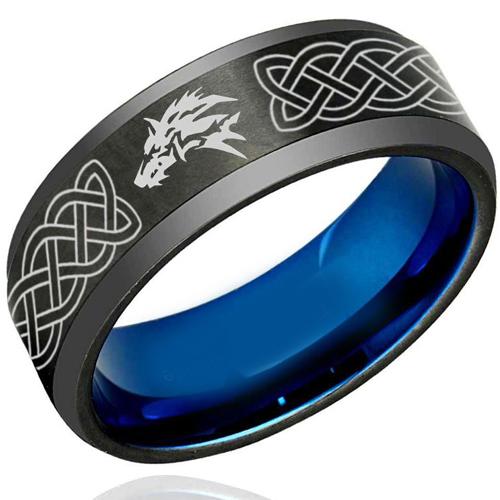 Black Engagement Rings Black Blue Tungsten Carbide Wolf Celtic Ring