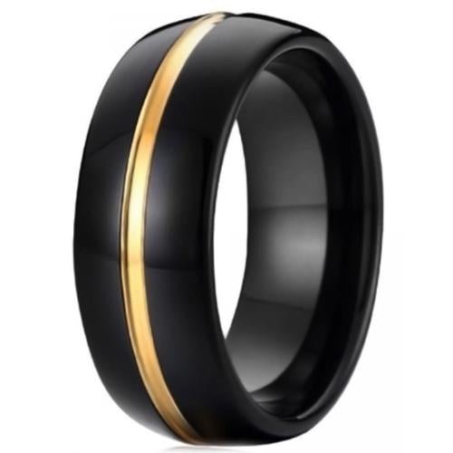 Gold Band Ring Black Gold Tone Tungsten Carbide Center Groove Dome Ring