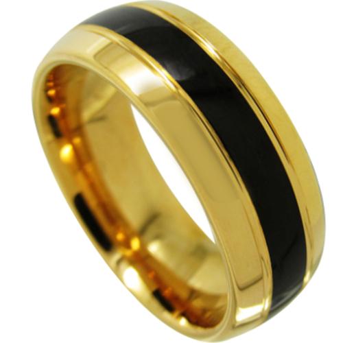 Gold Band Ring Black Gold Tone Tungsten Carbide Dome Court Double Grooves Ring