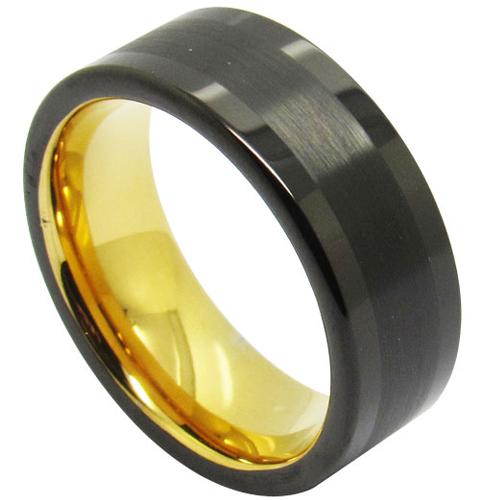 Gold Band Ring Black Gold Tone Tungsten Carbide Matt Shiny Flat Ring