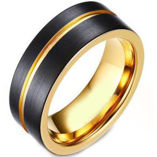 Gold Band Ring Black Gold Tone Tungsten Carbide Offset Groove Flat Ring