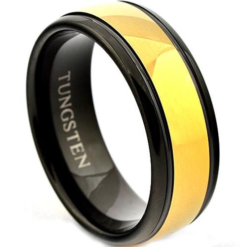 Gold Band Ring Black Gold Tone Tungsten Carbide Polished Shiny Step Ring
