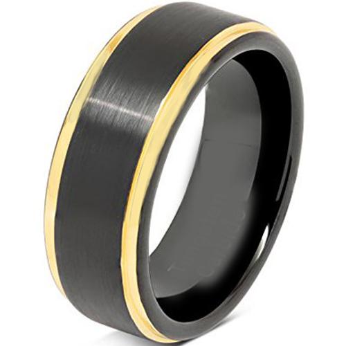 Gold Band Ring Black Gold Tone Tungsten Carbide Step Edges Ring