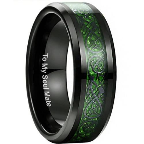 Black Promise Rings Black Green Tungsten Carbide  Dragon Ring With Carbon Fiber