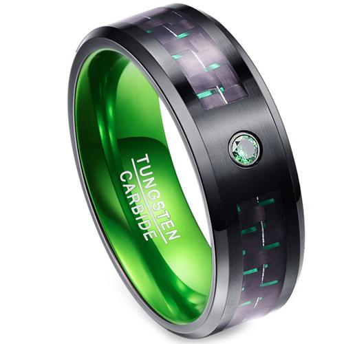 Black Wedding Rings For Her Black Green Tungsten Carbide Carbon Fiber Ring With Green Emerald