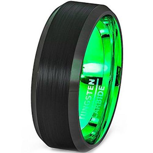 Black Ring Black Green Tungsten Carbide Dome Court Beveled Edges Ring