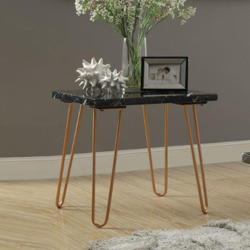 Black Marble Top End Table With Metal Hairpin Style Legs In Gold-Side and End Tables-Black, Gold-Marble Metal-JadeMoghul Inc.