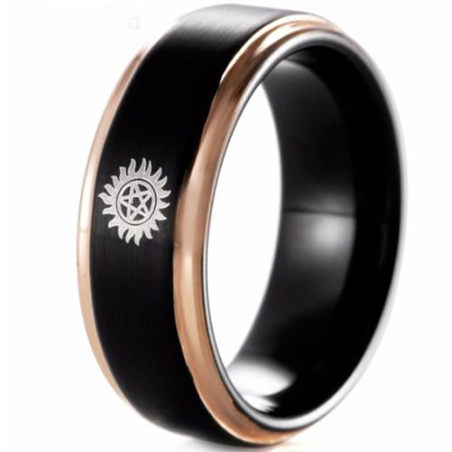 Black Tungsten Rings Black Pink Rose Tungsten Carbide Supernatural Step Ring