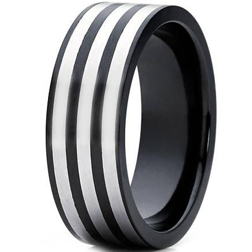 Platinum Rings For Men Black Platinum White Tungsten Carbide Triple Lines Flat Ring