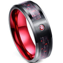 Black Tungsten Rings Black Red Tungsten Carbide With Carbon Fiber & Cubic Zirconia