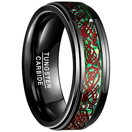 Black Promise Rings Black Red Tungsten Carbide Dragon Step Ring With Green Carbon Fiber