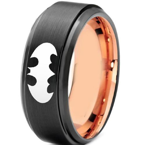 Batman Ring Black Rose Pink Tungsten Carbide Batman Step Edges Ring