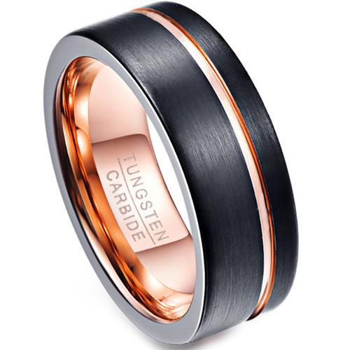 Black Wedding Rings Black Rose Pink Tungsten Carbide Offset Grooves Flat Ring