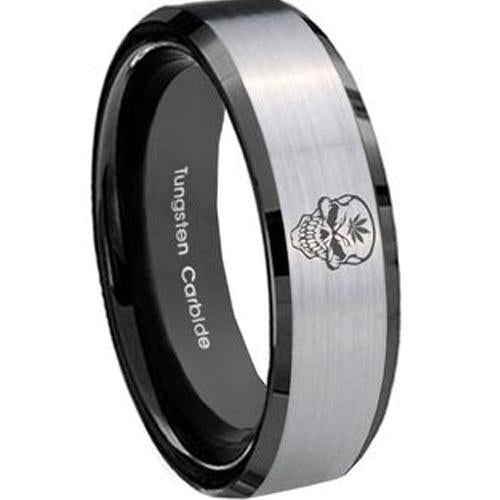 Silver Band Ring Black Silver Tungsten Carbide  Skull Ring