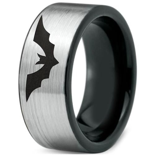 Silver Ring For Men Black Silver White Tungsten Carbide Bat Flat Ring