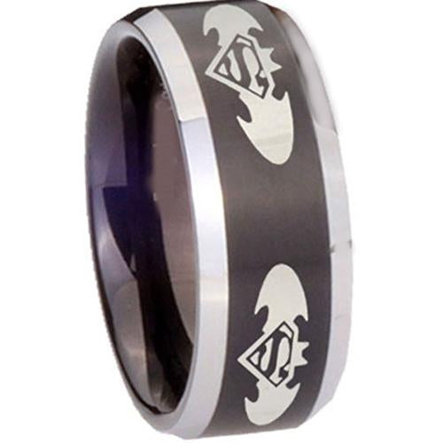 Silver Engagement Rings Black Silver White Tungsten Carbide  Superman Batman Ring