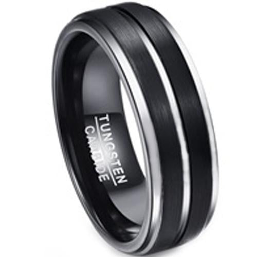 Silver Rings For Women Black Silver White Tungsten Carbide Center Groove Step Ring