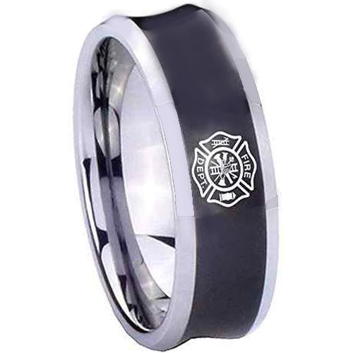 Silver Rings Black Silver White Tungsten Carbide Firefighter Concave Ring