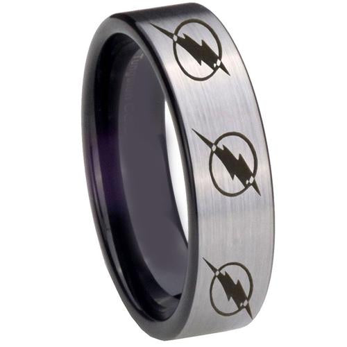 Silver Rings Black Silver White Tungsten Carbide Flash Lightning Flat Ring