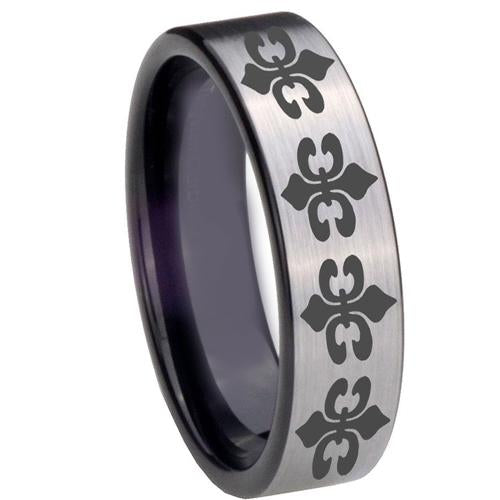 Silver Rings Black Silver White Tungsten Carbide Fleur De Lis Flat Ring